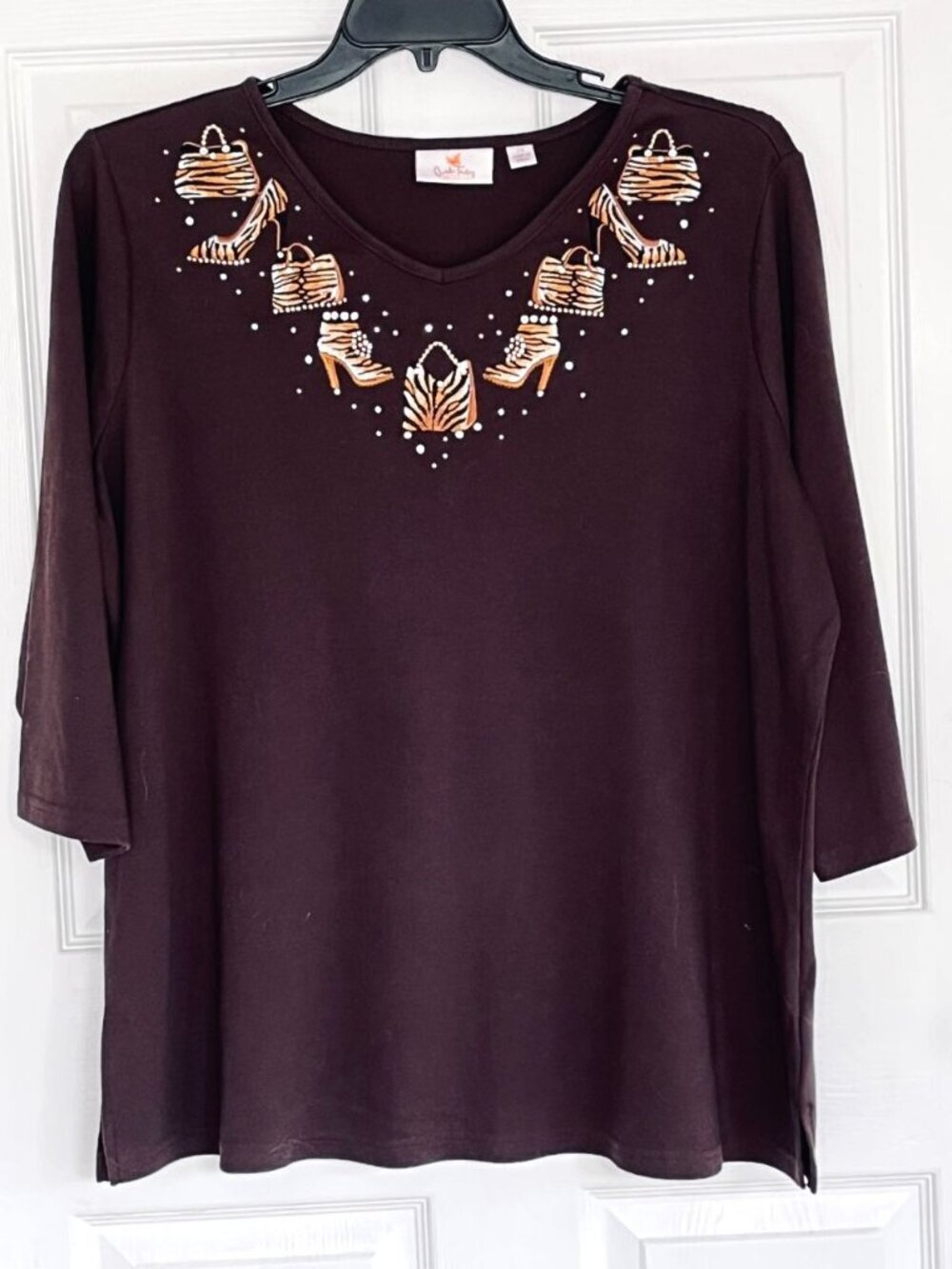 Quacker Factory Top 2X Embroiderd Animal Print Purses Shoes Bling 3/4 Sleeve